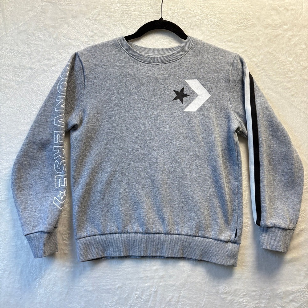 Converse Pullover Sweatshirt Kids Sz Large Gray‎ Crewneck Logo Stripe Spellout